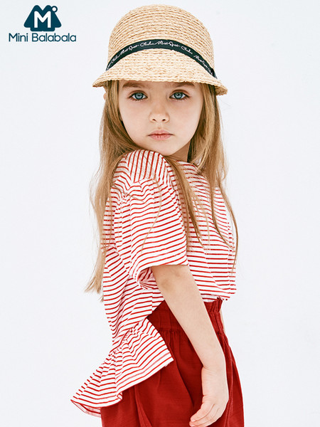 Mini balabalaBaby girls short sleeve T-shirt 2019 summer new floral sleeves striped navy wind children tshirt T200228