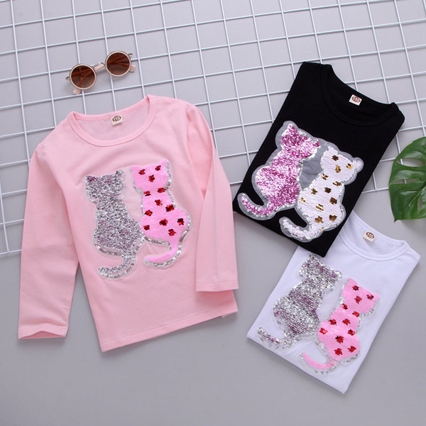 Girl Tshirt Children Cartoon Cat Sequins t-shirts Spring Autumn Color Changing Shirts Tee Shirt Enfant Garcon Children Clothes T200228