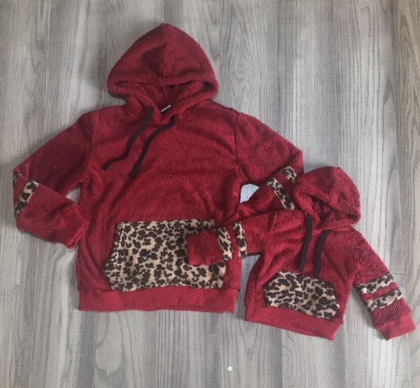 mom and me plush clothes baby girls wine red hoodie with leopard print hat and pocket kids boutique plush hoodie T200228