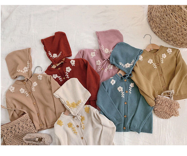 Baby Girl clothes cardigan sweater coat + Hat 100% cotton girl top Flower Embroidery Elegant Clothing Spring wear Out Design sweaters