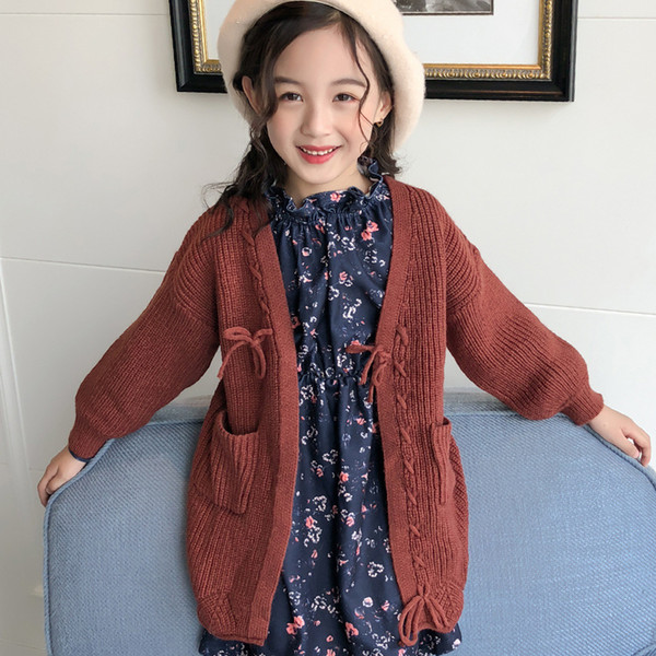 Lovely Japan Style Girl New Sweater 2018 Child Medium and Long Section Knitting Cardigan Coat for 110-160cm Height