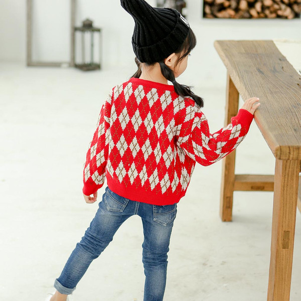 Kids Brand Sweater Girls Designer Knit Cardigan Geometric Print Tops Sweet British Style New Fashion Style 2019 Fall High Quality