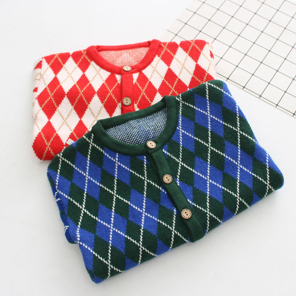 Kids Brand Sweater Girls Designer Knit Cardigan Geometric Print Tops Sweet British Style New Fashion Style 2019 Autumn High Quality