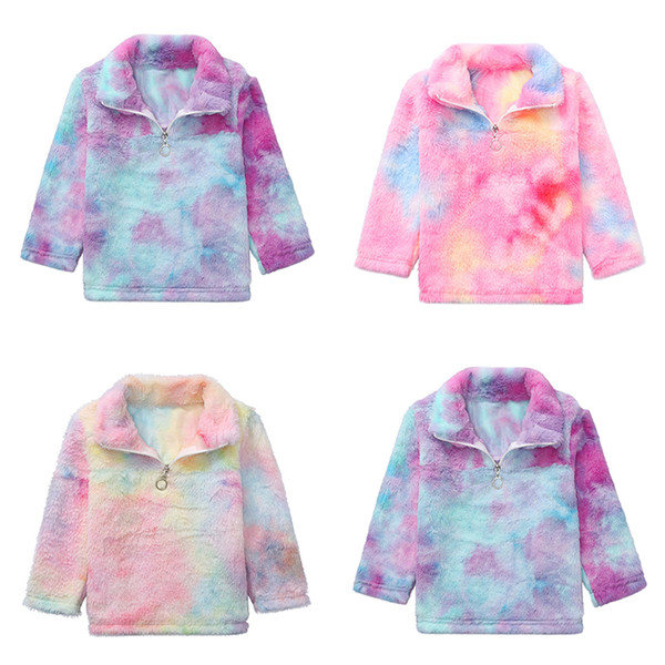 Children Gradient Pullover Sherpa Colorful Sweatshirt Long Sleeve Zip Plush Fleece tie-dyed Outwear Hoodies Coat Rainbow Tops Jackets C2194