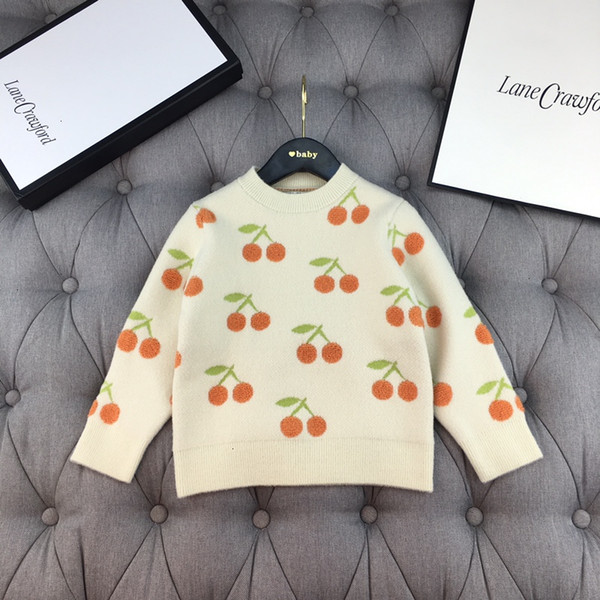 Girls sweater kids design clothing autumn and winter new high-density sweater pullover printed cherry design long-sleeved sweater