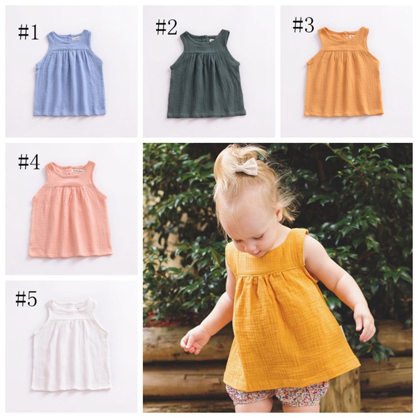 INS Girls Clothing Cotton Linen Baby Girls Vests Solid Color Baby Tops Sleeveless Kids Outfits Breathable Kids Clothes 5 Colors DSL-YW3067