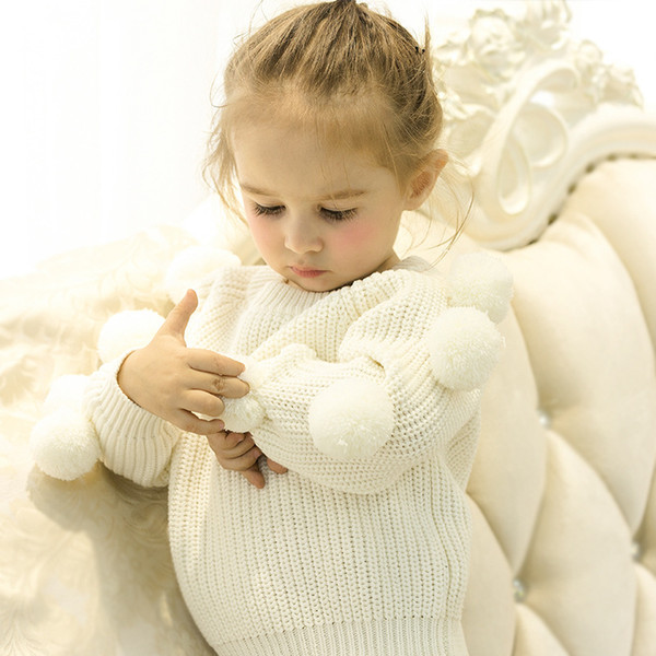 Kids Girls White Cardigans Tiny Cotton Baby Chirstmas Sweater Pullover Children Warm Knitwear Clothes Ball Decoration Top