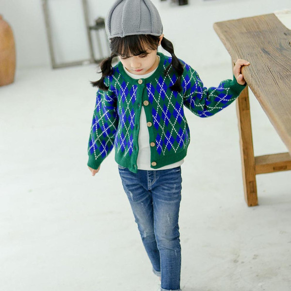 Kids Brand Sweater Girls Designer Knit Cardigan Geometric Print Tops Sweet British Style New Fashion Style 2019 Autumn for Wholesale