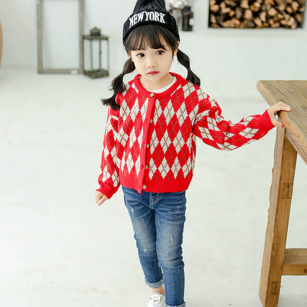 Kids Brand Sweater Girls Designer Knit Cardigan Geometric Print Tops Sweet British Style New Fashion Style 2019 Autumn Hot Selling