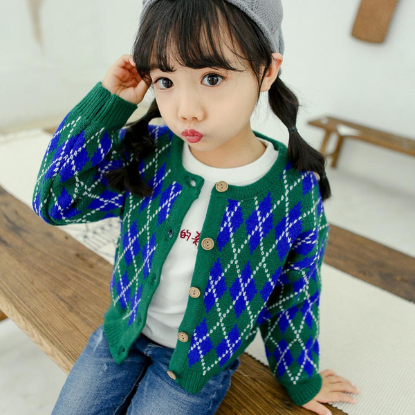 Kids Brand Sweater Girls Designer Knit Cardigan Geometric Print Tops Sweet British Style New Fashion Style 2019 Autumn Good Quality