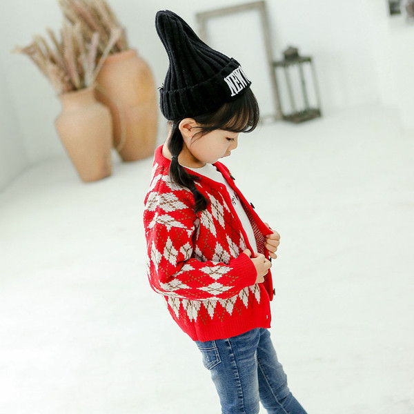Kids Brand Sweater Girls Designer Knit Cardigan Geometric Print Tops Sweet British Style New Fashion Style 2019 Autumn Hot Selling for Kids
