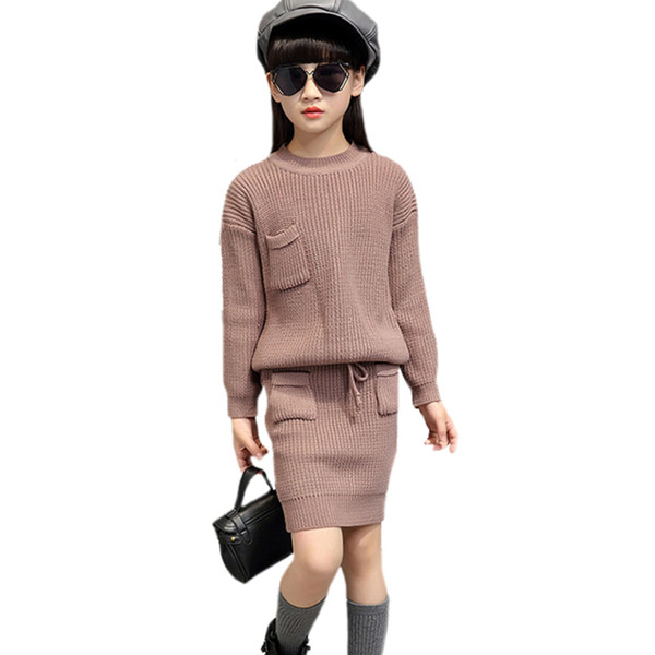 Sweater For Baby Girls Winter Warm Clothing Set Children Knitwear Sweater & Skirt 2 Pieces Dress Suit Teenage Kids Clothes
