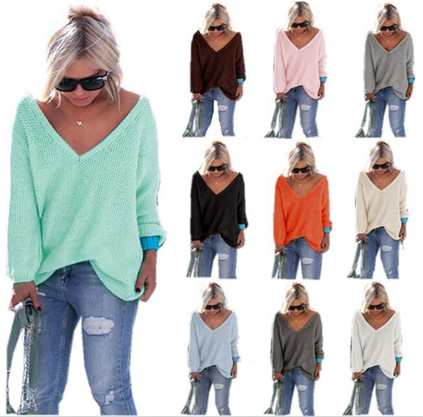 V-Neck Pullovers Solid color Sweater Tops girls women Autumn Knitwear Loose casual Jumpers Pullover long sleeve t-shirts Outwear 10 Colors