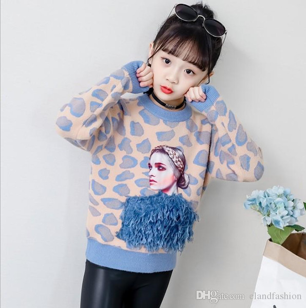 Girls 2019 Korean Style Knitting Sweater Two Colors Fashion Kids Character Printed Long Sleeve Jumper Childrens Fall Long Sleeve Pullover