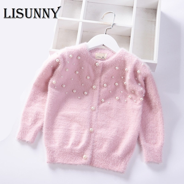2019 Autumn Winter Pearl Solid warm Girls Sweater Baby Princess mink velvet knit Cardigan jacket Kids Clothes Children Clothing V191203