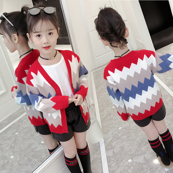 Kids Girls Cardigan Diamond Pattern Knitted Jacket for Child Girl Children England Style Sweater Outer Wear