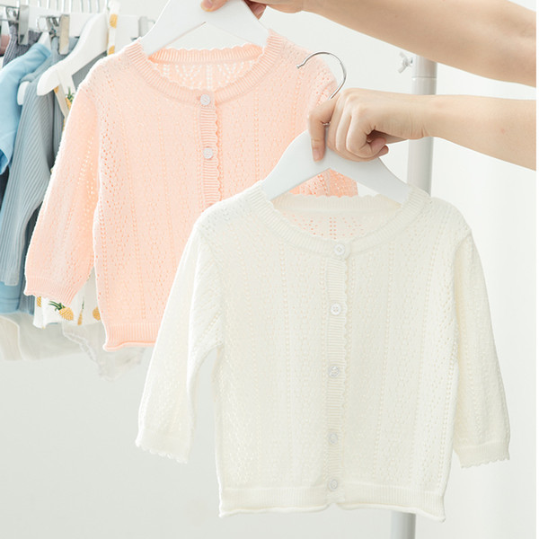 Everweekend Toddler baby girls knitted crochet cardigans candy pink white color spring autumn fashion sweater jacket outwears
