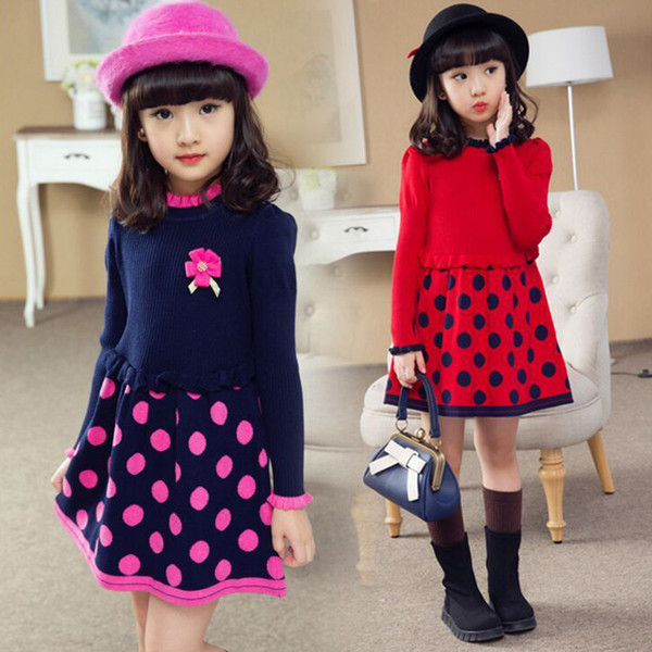 2017 new winter Autumn Kids girls sweater Fashion Lotus leaf collar Dots children baby flower Long Sweaters Stitching dress 3-9y