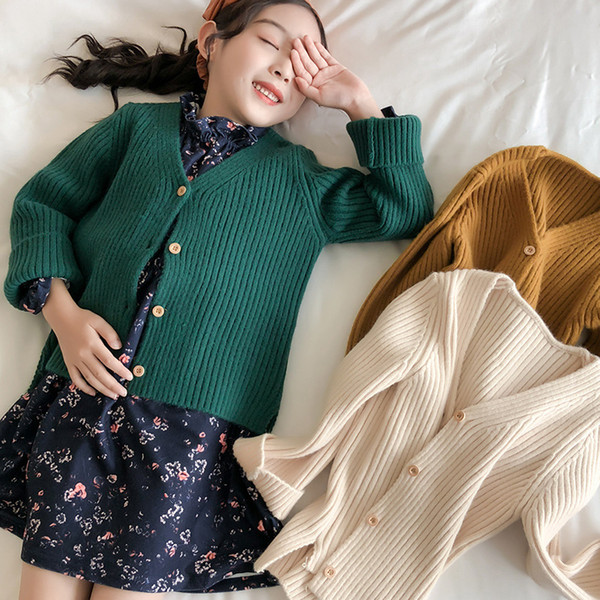 Girls' Solid Color Sweater Japan style Autumn Winter Korean V-Neck Long Sleeved Ribbed Cardigan Sweater Children Outwear Clothes