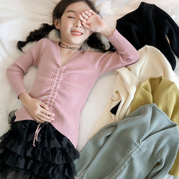 Girls Autumn Winter Sweaters Long Sleeve V-Neck Pleated Children Clothes Tops Kids Pullover Sweaters For Girls