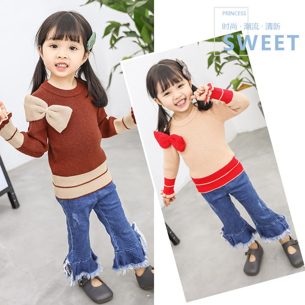 Baby Girl Sweater Casual Style Girl Knitted Pullovers O-neck Solid Bow Knitwear Bottom Long Sleeves Children Sweaters