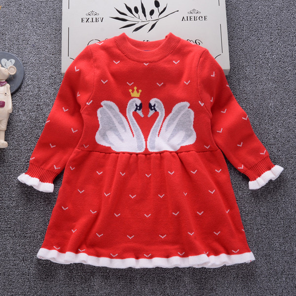 2018 Autumn Winter New Girls Cartoon swan princess dress Kid Baby Sweater Children Clothing Cotton Knitted skirt