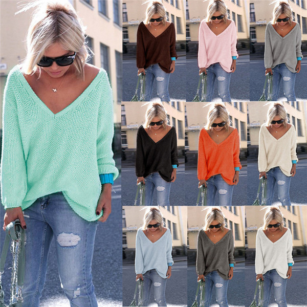 V-Neck Pullovers Solid color Sweater Tops sexy women Autumn Knitwear Loose casual Jumpers Pullover long sleeve t-shirts Outwear 10Colors