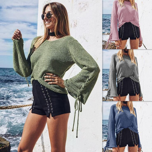 Sleeve Bandage Sweater Knitted Pullover Women Vintage Winter Loose Knit Sweater Bandage Long Sleeve Blouse Jumpers OOA3964