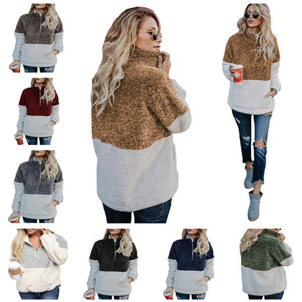 Sherpa Pullover Women Hoodies Winter Autumn Fleece Sweatshirt V-Neck Zipper Sweater Long Sleeve Hoodie Tops Patchwork Sweatshirts 8 Colors