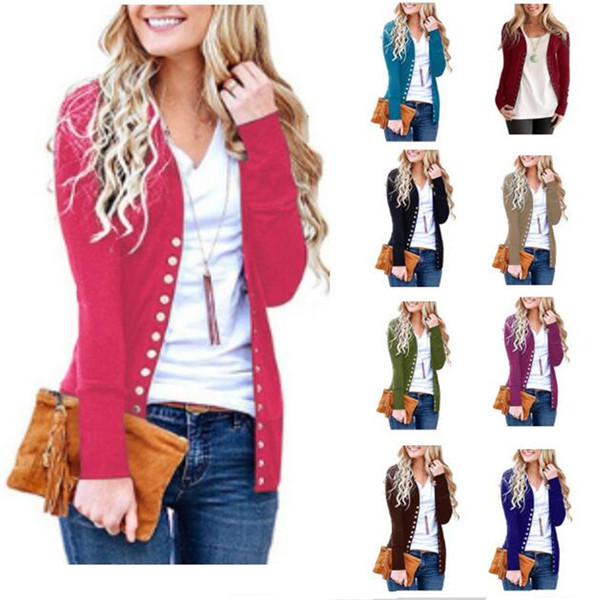 Women Buttons Cardigan Autumn Fashion Sweater With Buttons Solid Colors Long Sleeve V Neck Shirt Coat Ladies Slim Cardigan Tops Coats 2018