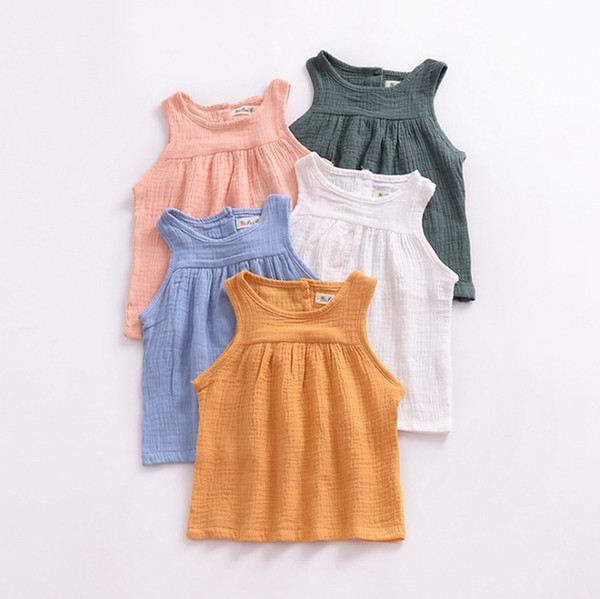 INS Girls Clothing Cotton Linen Baby Girls Vests Solid Color Baby Tops Sleeveless Kids Outfits Breathable Kids Clothes 5 Colors YW3067