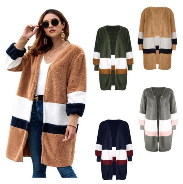 Women Plush Sweater Cardigan Girls Mid-length Sweater Coat Casual Long Warm Wool Jackets Overcoat Warm Splice Outwear For Ladies