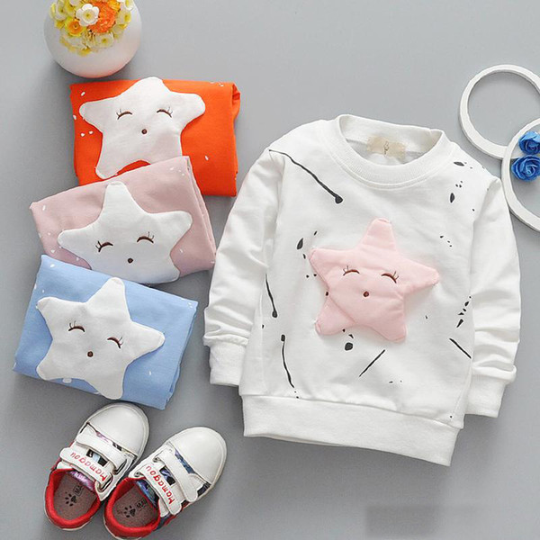 Baby Cartoon T-shirt Sweaters 4 Colors Solid Printed Embroider Eyes Star Elastic Long Sleeve Clothes Little Graffiti Pure Cotton T-shirt
