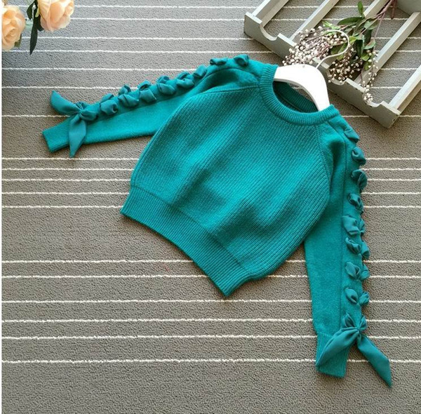 Retail Girls Sweater Chiffon Ribbons Long Sleeve Fashion Knitted Cotton pullover Children Clothes HB862
