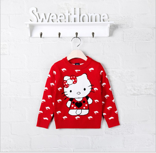 Retail 2017 New Autumn Winter Girls Cartoon Sweaters Cute Girl Knitted Hello Kitty Sweatshirts Children Fashion Pullover 100-140cm Red&Blue