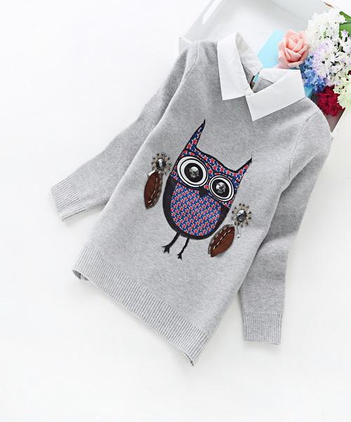 Children Clothes 2016 New Winter Korean Girls Cashmere Cartoon Crew Neck Sweater Owl Shirt Collar Pullovers