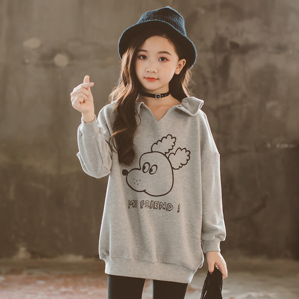 Girls autumn new big children V-neck print autumn children's wear hooded sweater children's long-sleeved jacket clothes