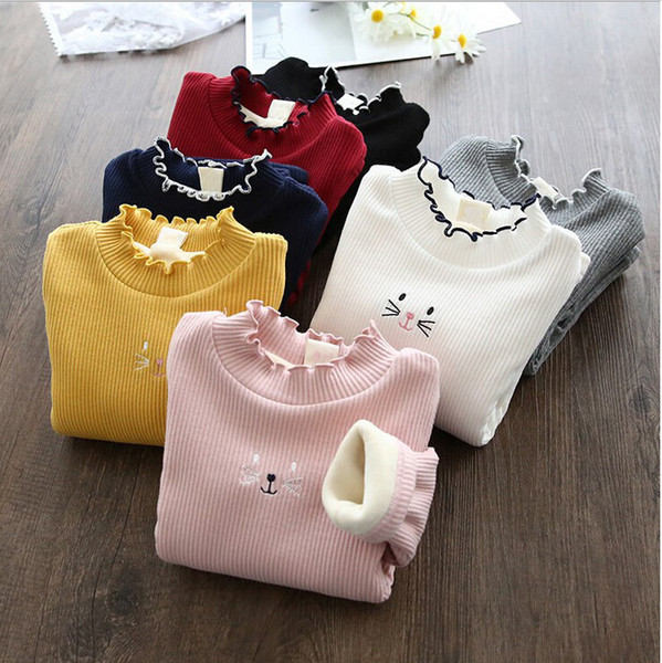 Double layer plus velvet thickening girls baby bottoming shirt Winter cute cartoon cat middle and small children long sleeve
