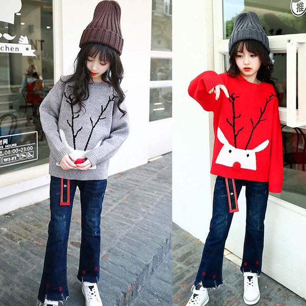 Xmas Baby Kids Girls Long Sleeve Deer Knit Crochet Sweater Jumper Tops Pullover 2 Colour 6 Size