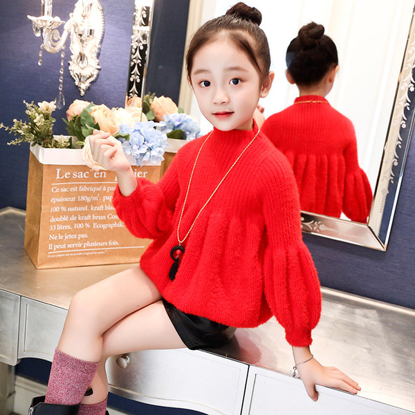 Girls' autumn winter dress, thickened wool dress, lantern sleeve, pure color, lady princess, children's hair dress.