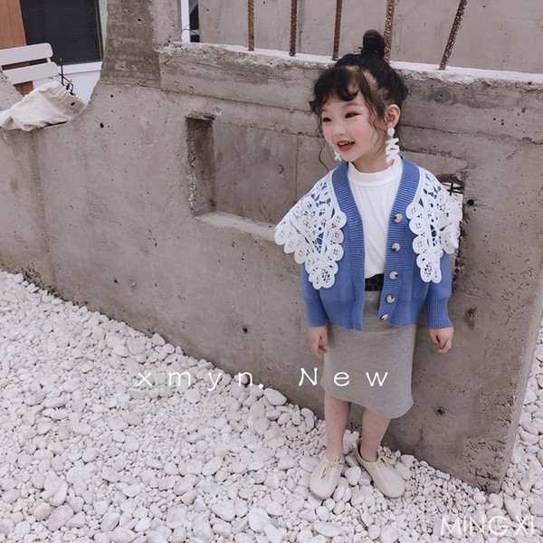 2019 spring new children's clothing children's sweater girls knit jacket spring new little girl lace coat
