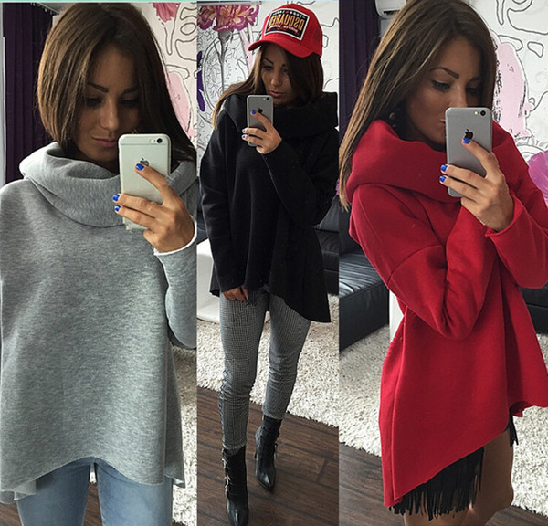 Women's plus velvet sweater shirt solid color hood loose irregular scarf collar long sleeve thick clothes
