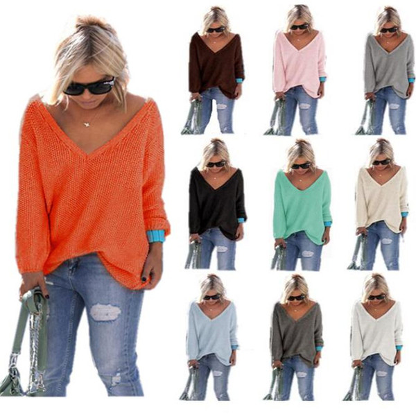 V-Neck Pullovers Solid color Sweater Tops girls women Autumn Knitwear Loose casual Jumpers Pullover long sleeve t-shirts Outwear christmas