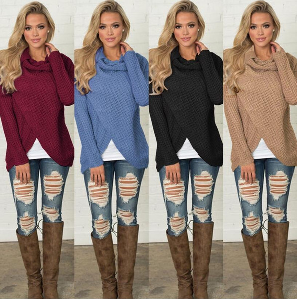 Irregular Sweater 4 Colors Women Fashion Turtle Neck Button Casual Knitted Blouse Tops Girls Pullover Outwear 30pcs OOA5760