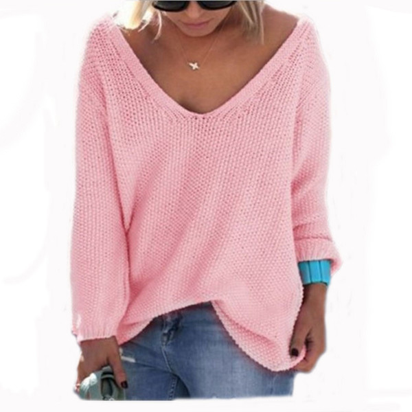 Women Oversized Pullovers Solid Color V-Neck Sweater Tops Sexy Long Sleeve T-shirts Outwear Autumn Knitwear Loose Casual Jumpers Pullover