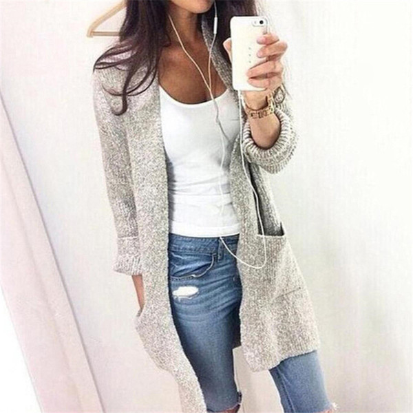 Women Autumn Winter Cardigan Long Sleeve loose Knitted Sweater Jacket Long Style Double Pocket Sweaters Coat Knitting Outerwear Plus Size