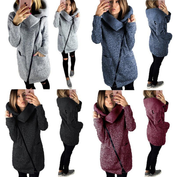 Women Side Zipper Coats Long Sleeve Hoodie Sweater Autumn Winter Casual Outwear High Collar Pullover Blouse OOA4367