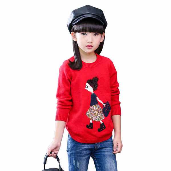 2017 Autumn Winter girls sweaters children clothing kids clothes cute applique o-neck sweaters pullovers girls clothes age 3-15Y