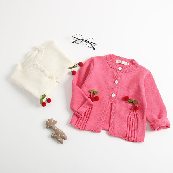 2019 Autumn New Arrival korean verison cotton pure color Cherry all-match Knitted Sweater coat Sweater for cute sweet baby girls