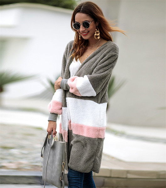 Women Plush Sweater Cardigan Girls Mid-length Sweater Coat Casual Long Warm Wool Jackets Overcoat Warm Loose Splice Outwear For Ladies New